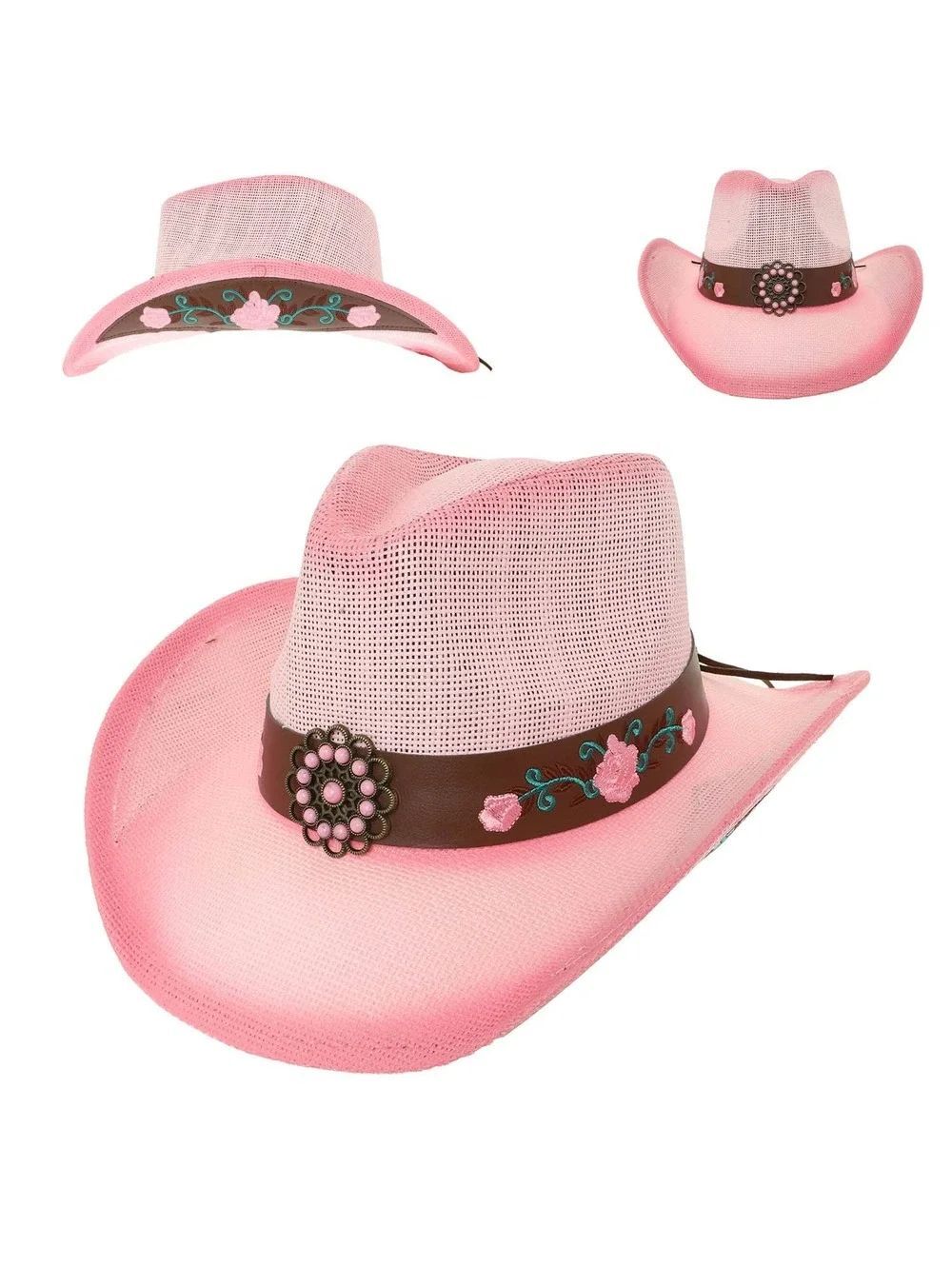 Western Straw Woven Cowboy Hat with Pink Floral - Picture 5 of 6